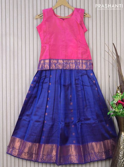 Silk kids lehenga dual shade of pink and blue with simple neck pattern and copper zari woven border & & sleeve attached for 10 years