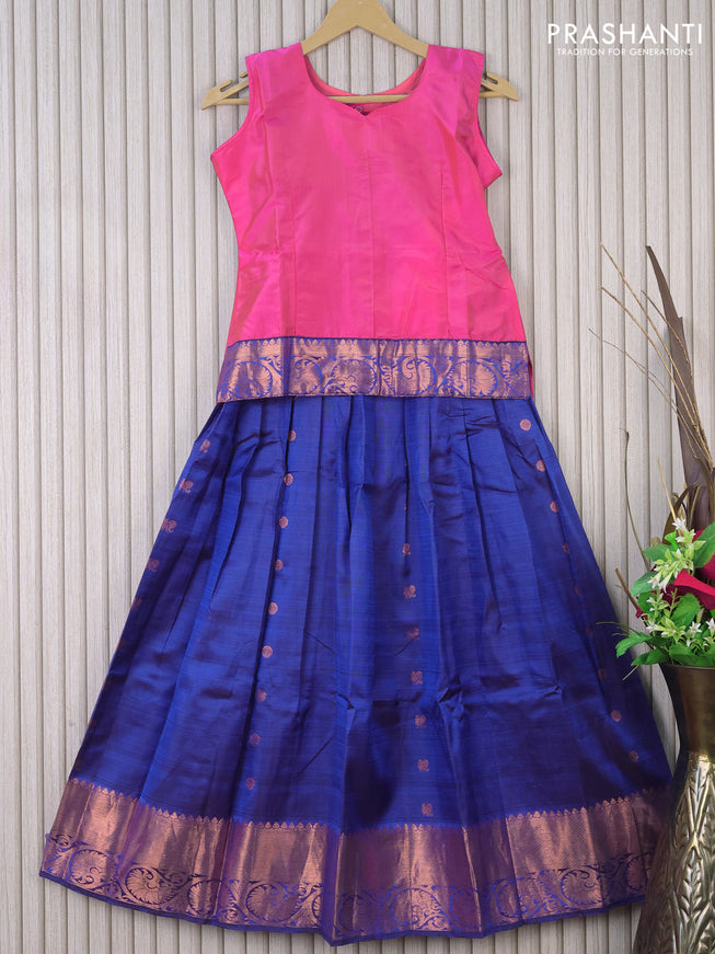 Silk kids lehenga dual shade of pink and blue with simple neck pattern and copper zari woven border & & sleeve attached for 10 years