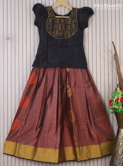 Silk kids lehenga black and brown shade with patch work neck pattern and zari buttas & zari woven border for 10 years