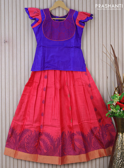 Silk kids lehenga royal blue and pink with patch work neck pattern and thread buttas & zari woven border for 10 years