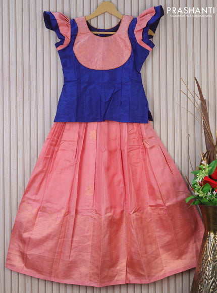 Silk kids lehenga blue and peach pink with patch work neck pattern and long zari woven border for 10 years