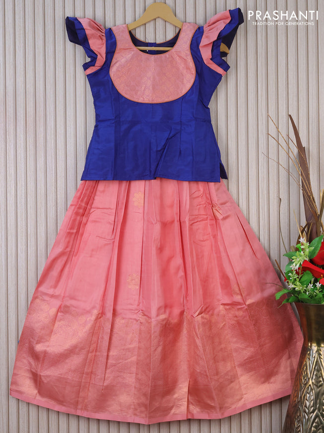 Silk kids lehenga blue and peach pink with patch work neck pattern and long zari woven border for 10 years