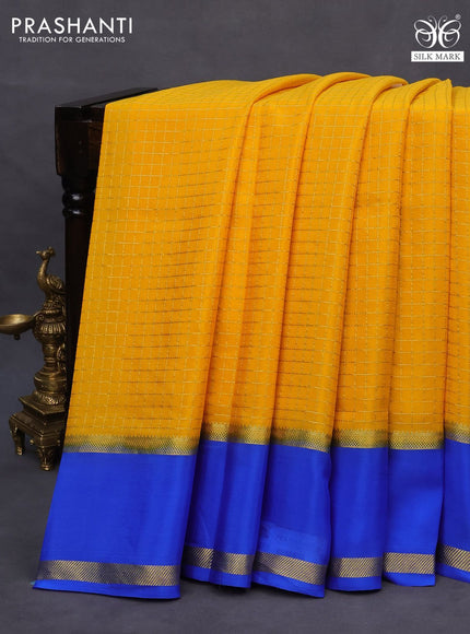 Pure mysore silk saree mango yellow and royal blue with allover zari checked pattern and zari woven border