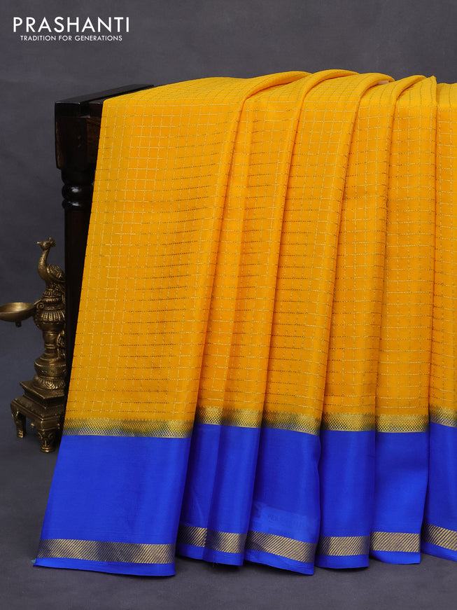 Pure mysore silk saree mango yellow and royal blue with allover zari checked pattern and zari woven border