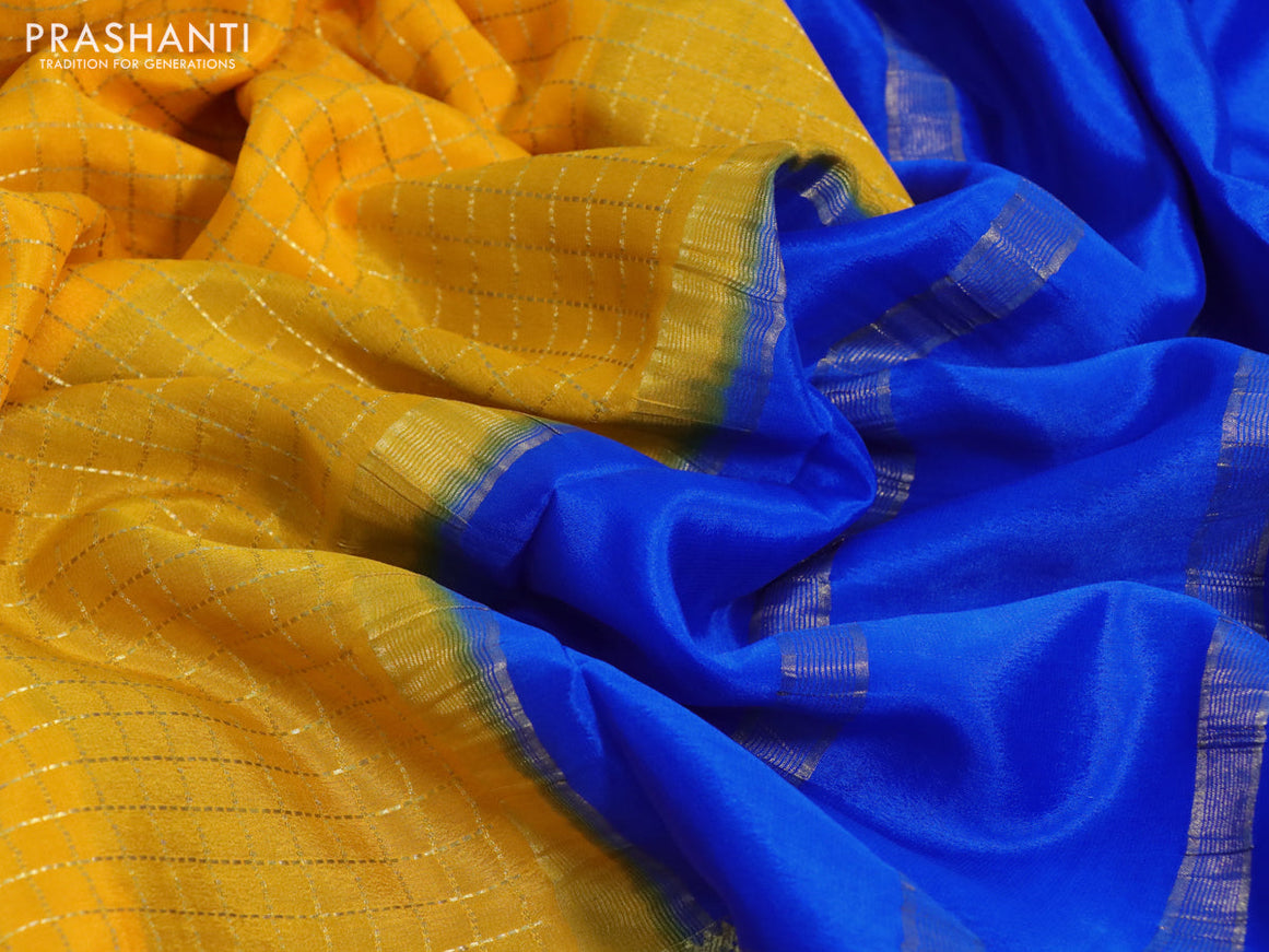 Pure mysore silk saree mango yellow and royal blue with allover zari checked pattern and zari woven border