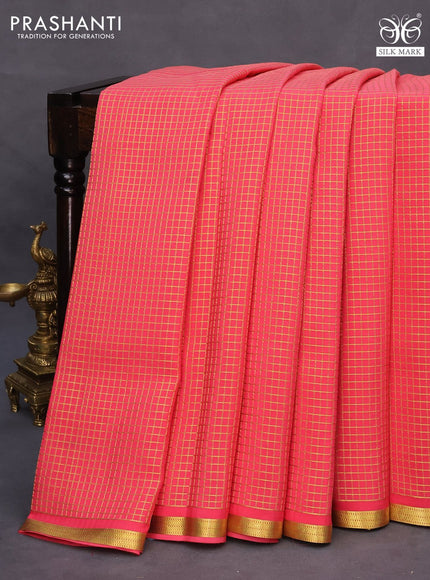 Pure mysore silk saree peach pink with allover zari checked pattern and zari woven border