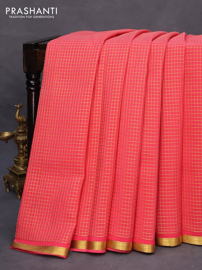 Pure mysore silk saree peach pink with allover zari checked pattern and zari woven border