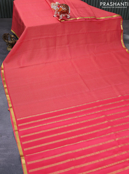 Pure mysore silk saree peach pink with allover zari checked pattern and zari woven border