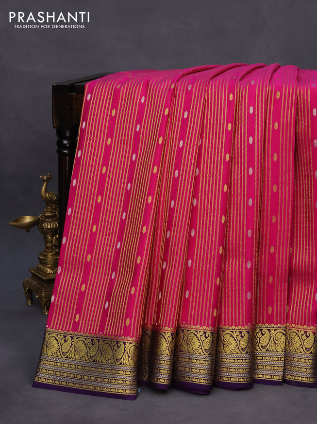 Pure mysore silk saree pink and deep purple with allover zari weaves and zari woven border