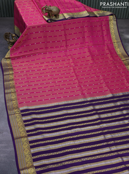 Pure mysore silk saree pink and deep purple with allover zari weaves and zari woven border