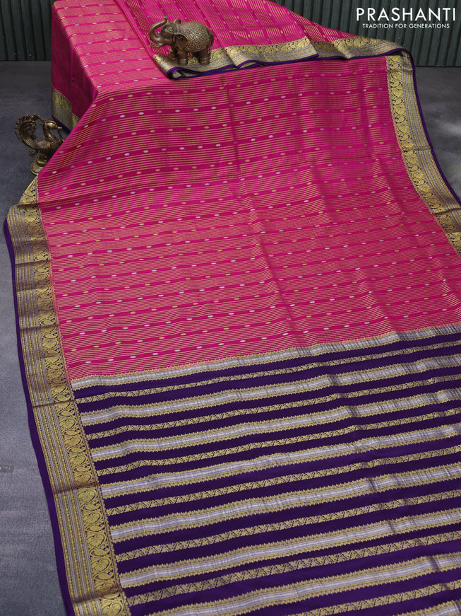 Pure mysore silk saree pink and deep purple with allover zari weaves and zari woven border