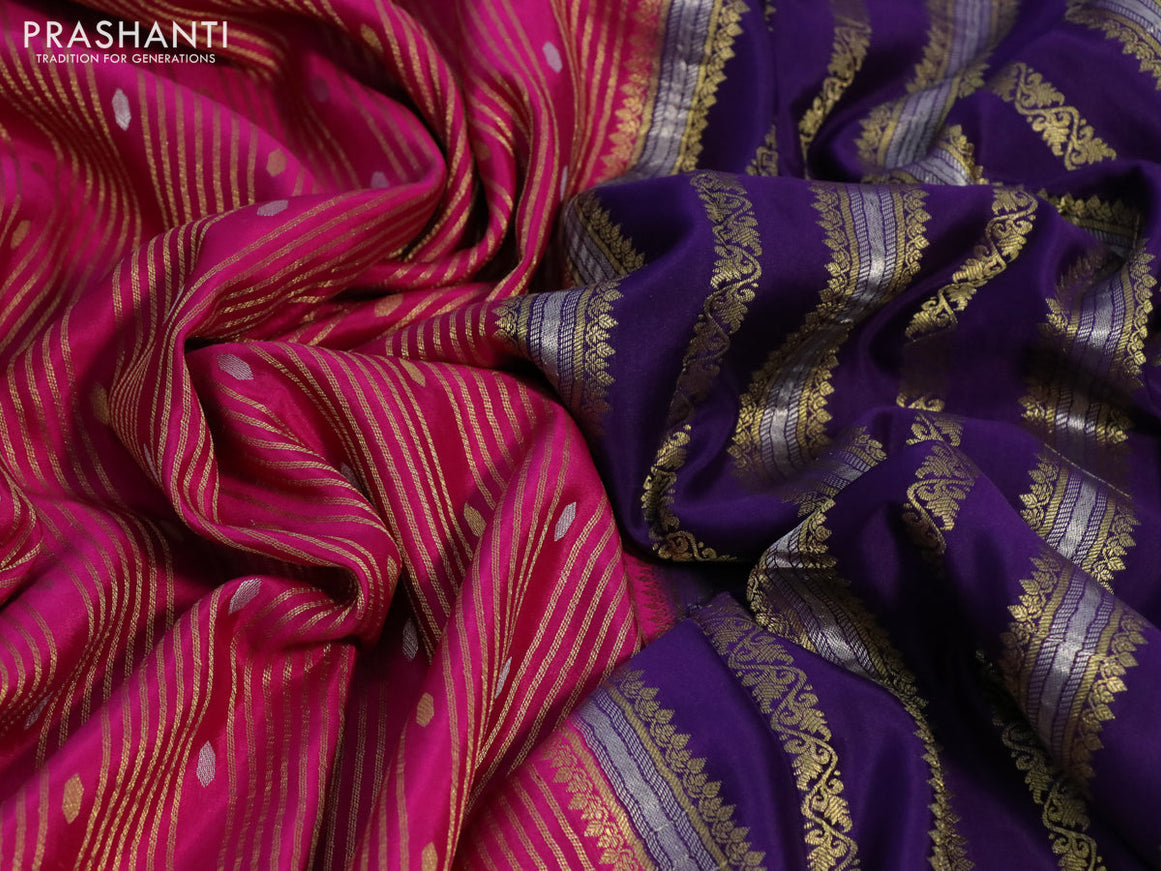 Pure mysore silk saree pink and deep purple with allover zari weaves and zari woven border