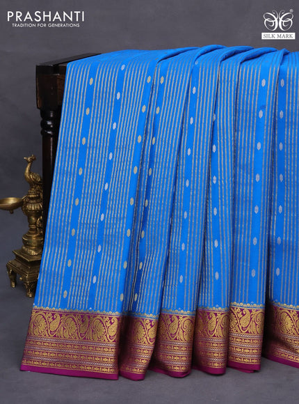 Pure mysore silk saree cs blue and purple with allover zari weaves and zari woven border