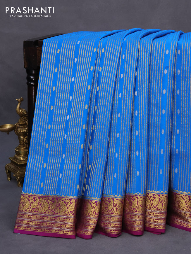 Pure mysore silk saree cs blue and purple with allover zari weaves and zari woven border