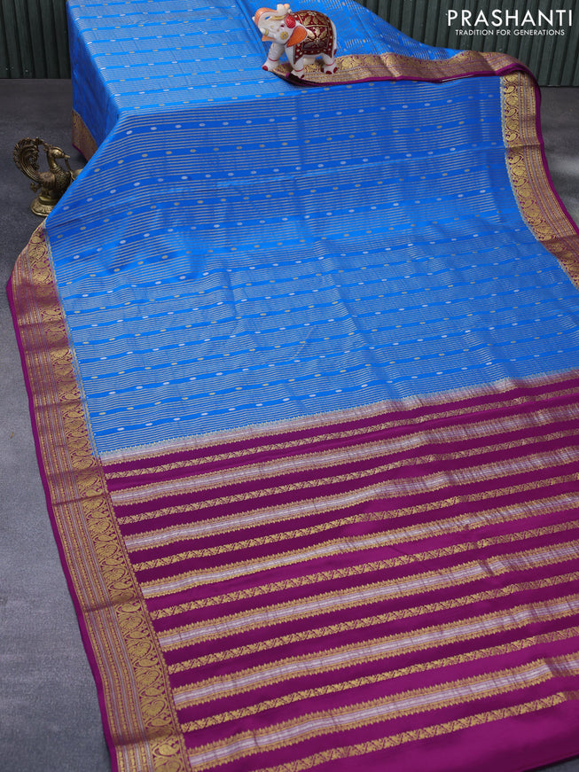 Pure mysore silk saree cs blue and purple with allover zari weaves and zari woven border