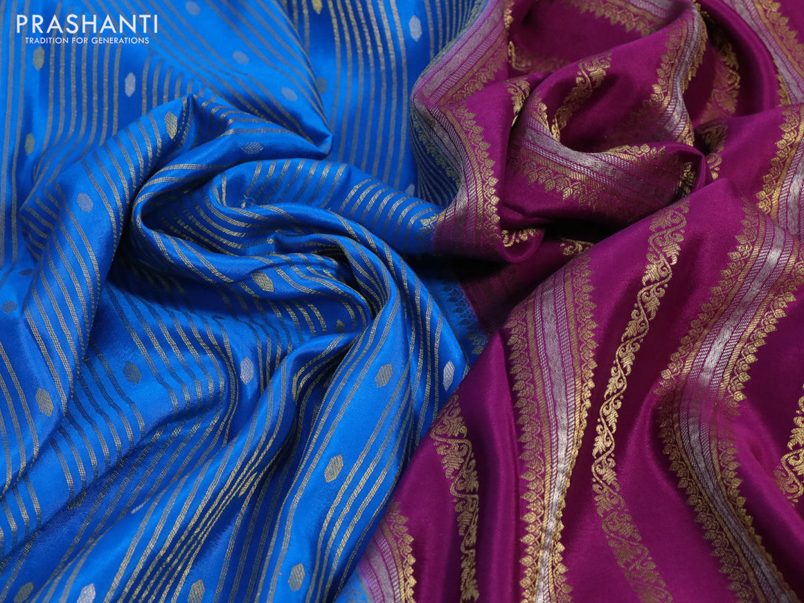 Pure mysore silk saree cs blue and purple with allover zari weaves and zari woven border