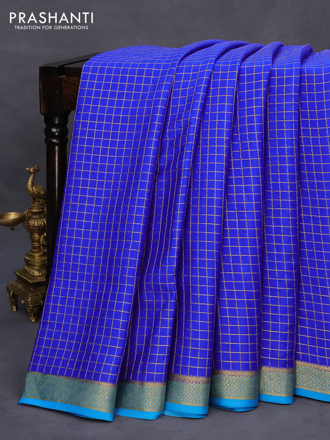 Pure mysore silk saree royal blue and cs blue with allover zari checked pattern and zari woven border