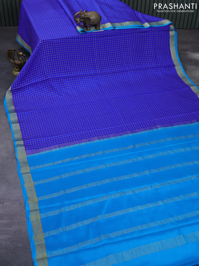 Pure mysore silk saree royal blue and cs blue with allover zari checked pattern and zari woven border