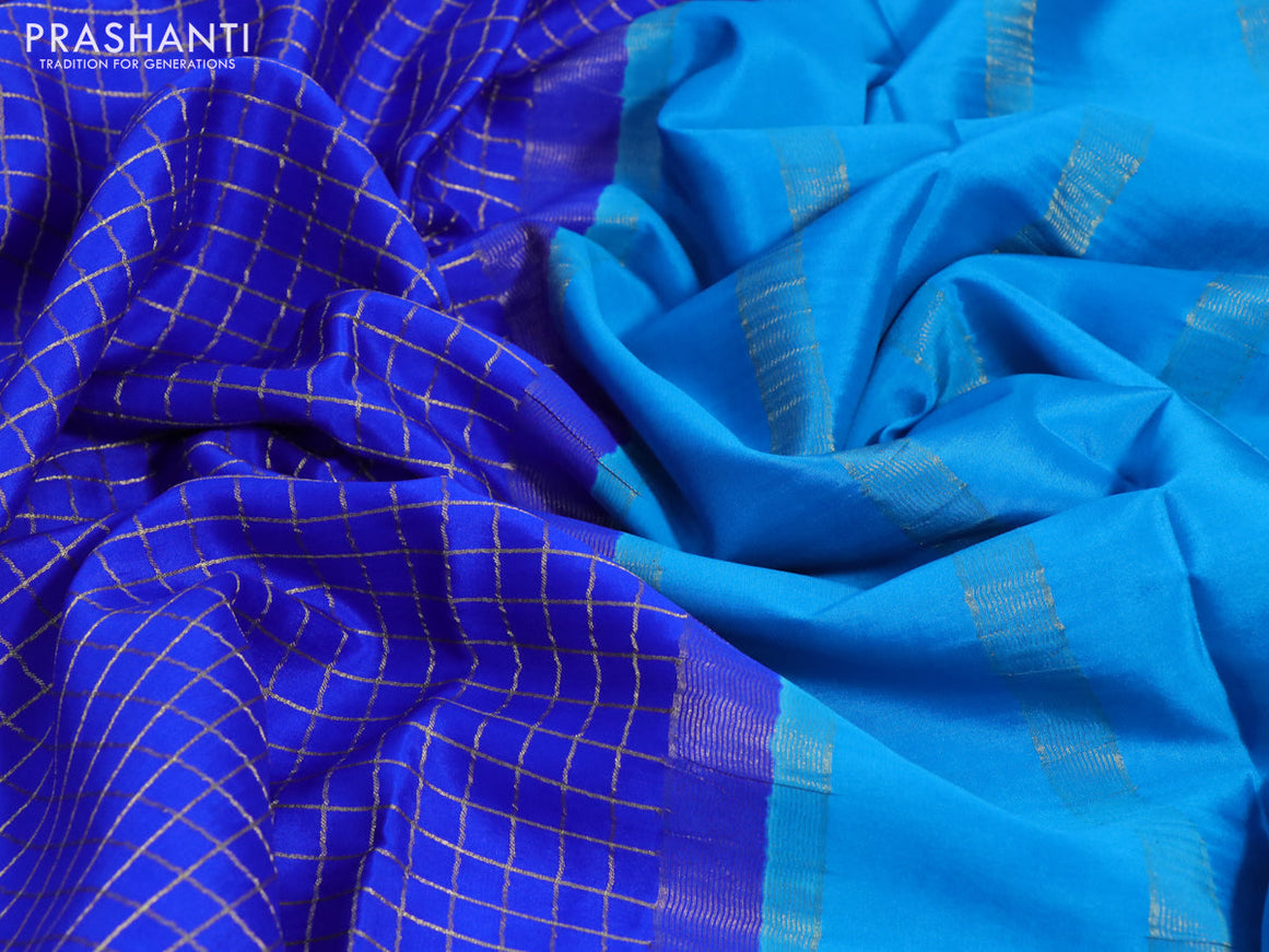 Pure mysore silk saree royal blue and cs blue with allover zari checked pattern and zari woven border