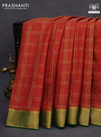 Pure mysore silk saree red and green with allover zari checked pattern and zari woven border