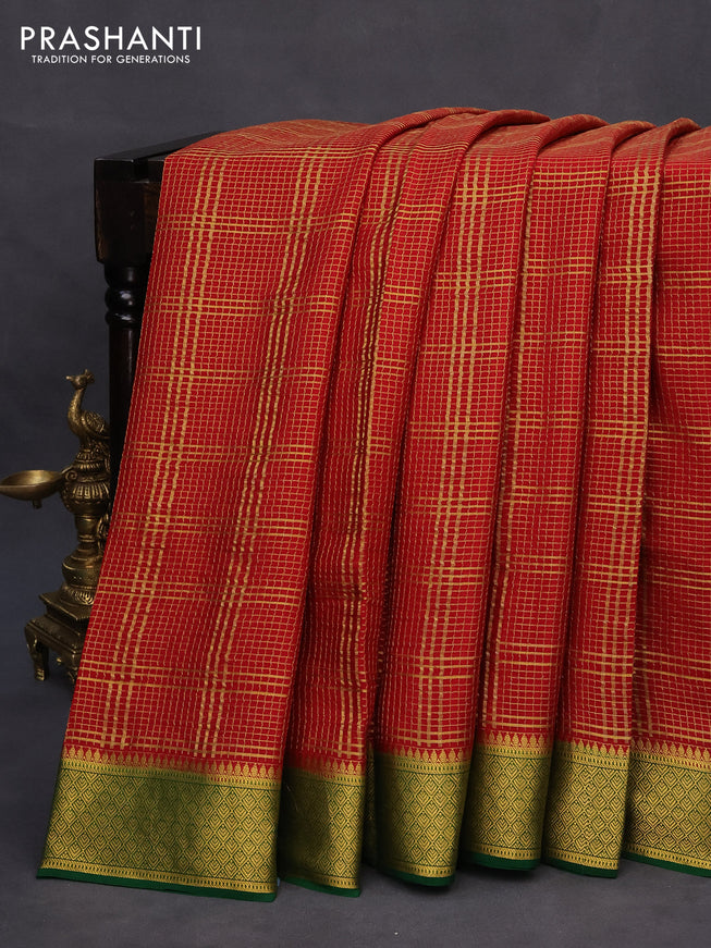 Pure mysore silk saree red and green with allover zari checked pattern and zari woven border