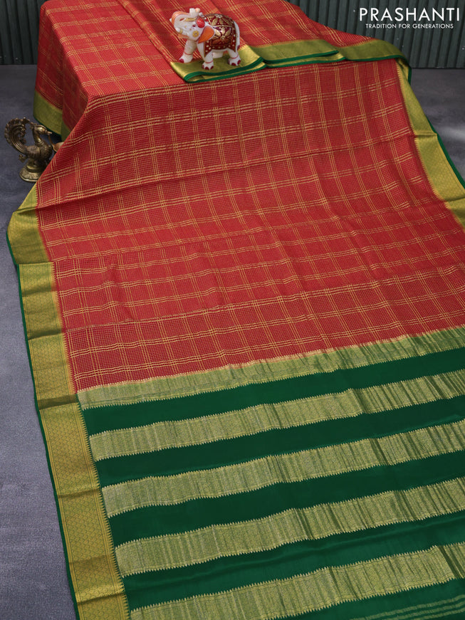 Pure mysore silk saree red and green with allover zari checked pattern and zari woven border