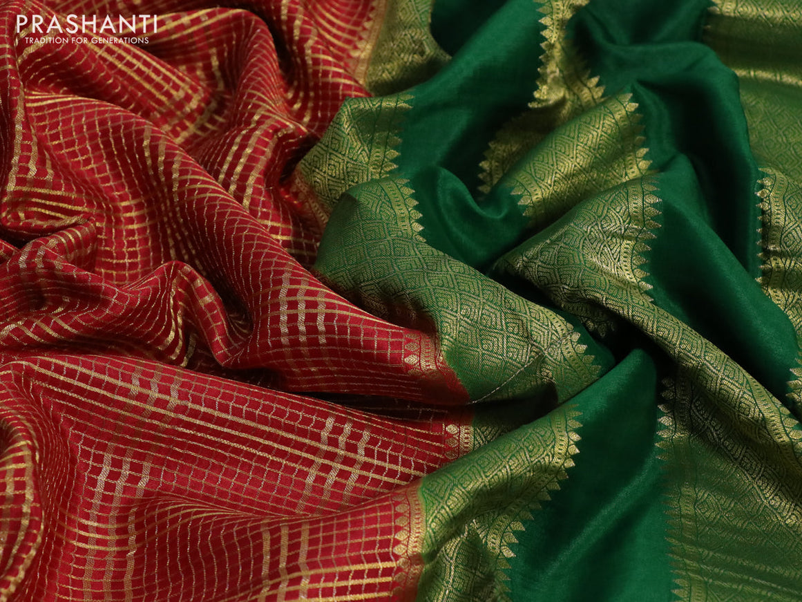 Pure mysore silk saree red and green with allover zari checked pattern and zari woven border