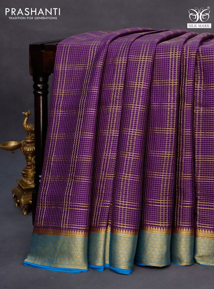 Pure mysore silk saree violet and cs blue with allover zari checked pattern and zari woven border