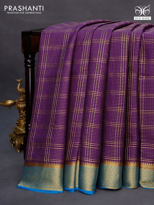 Pure mysore silk saree violet and cs blue with allover zari checked pattern and zari woven border