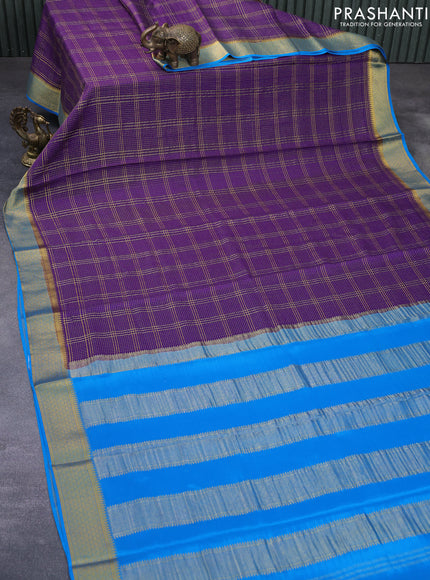 Pure mysore silk saree violet and cs blue with allover zari checked pattern and zari woven border