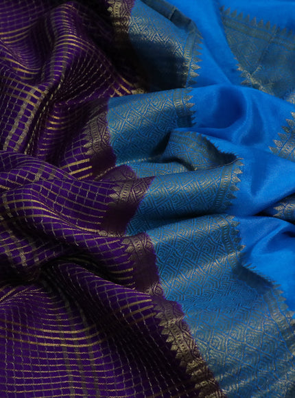 Pure mysore silk saree violet and cs blue with allover zari checked pattern and zari woven border