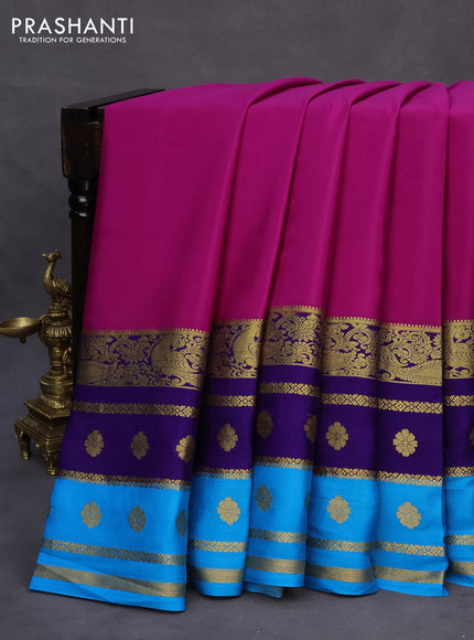 Pure mysore silk saree pink and blue cs blue with plain body and zari woven border