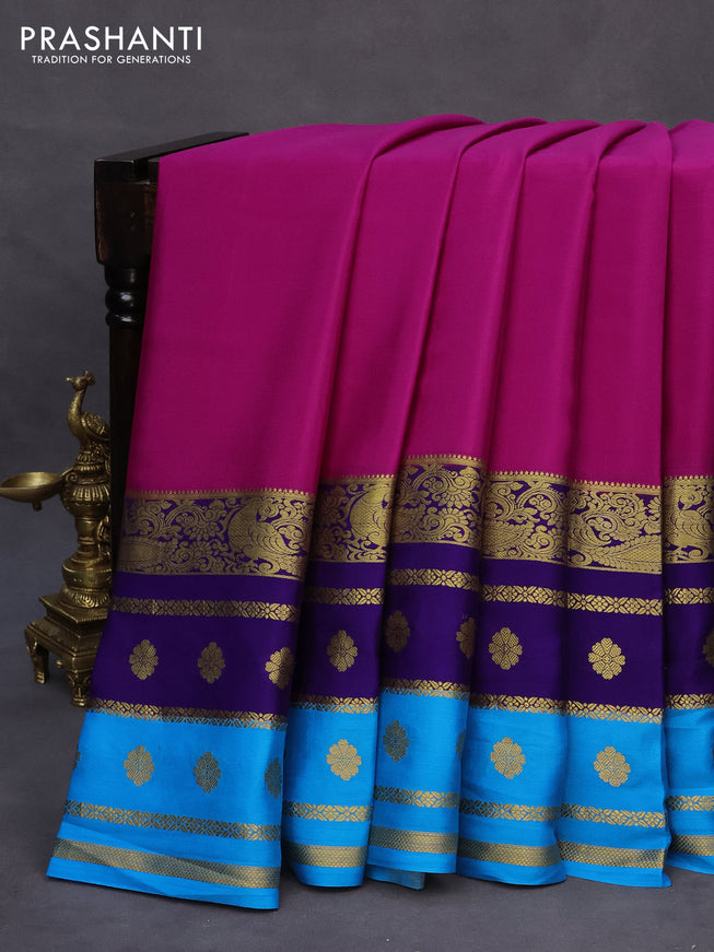 Pure mysore silk saree pink and blue cs blue with plain body and zari woven border