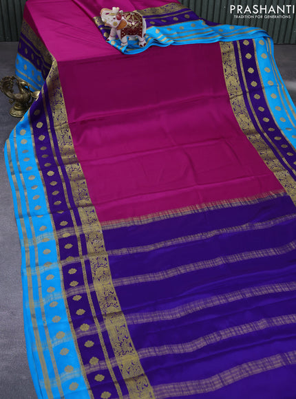 Pure mysore silk saree pink and blue cs blue with plain body and zari woven border