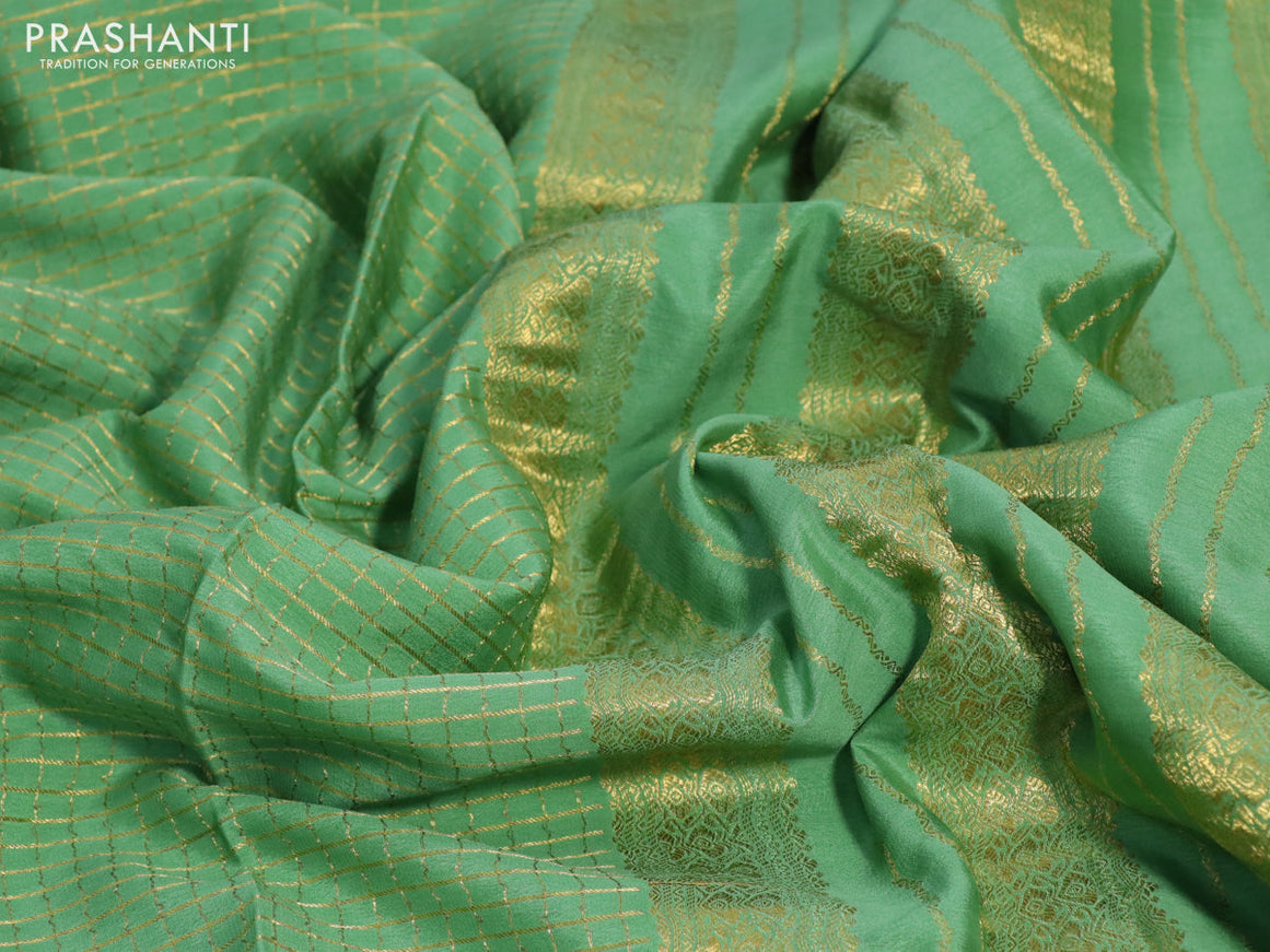 Pure mysore silk saree light green with allover zari checked pattern and zari woven border