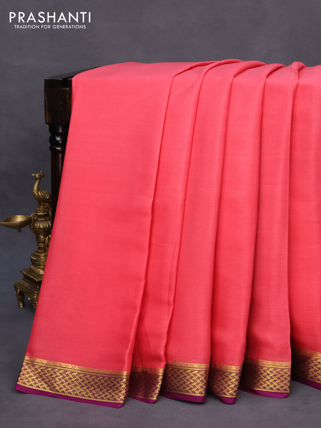 Pure mysore silk saree peach pink and purple with plain body and zari woven border