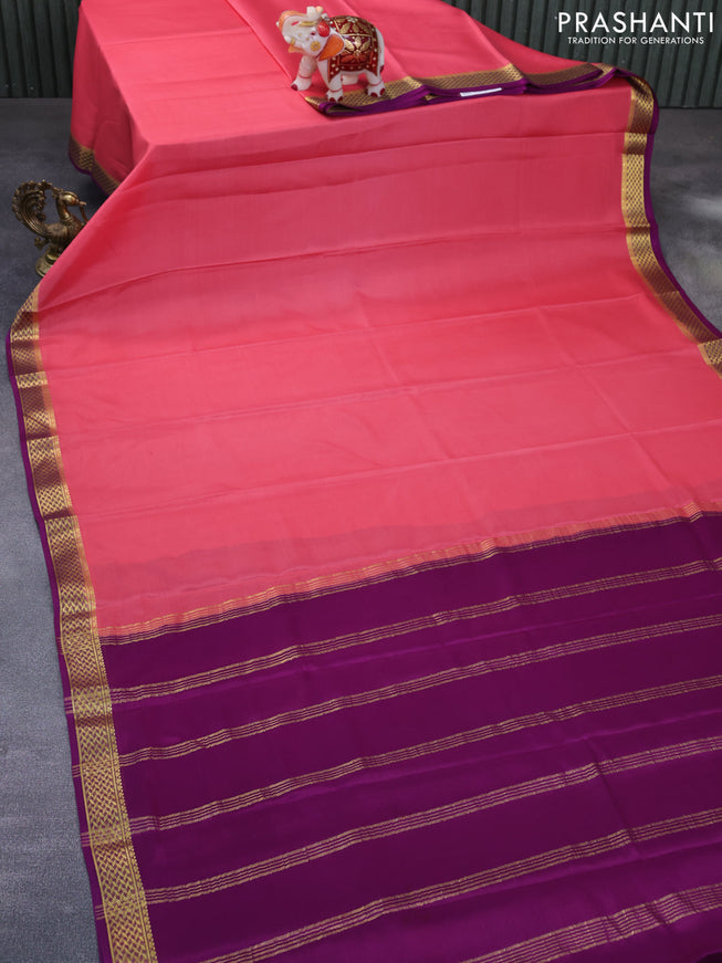 Pure mysore silk saree peach pink and purple with plain body and zari woven border