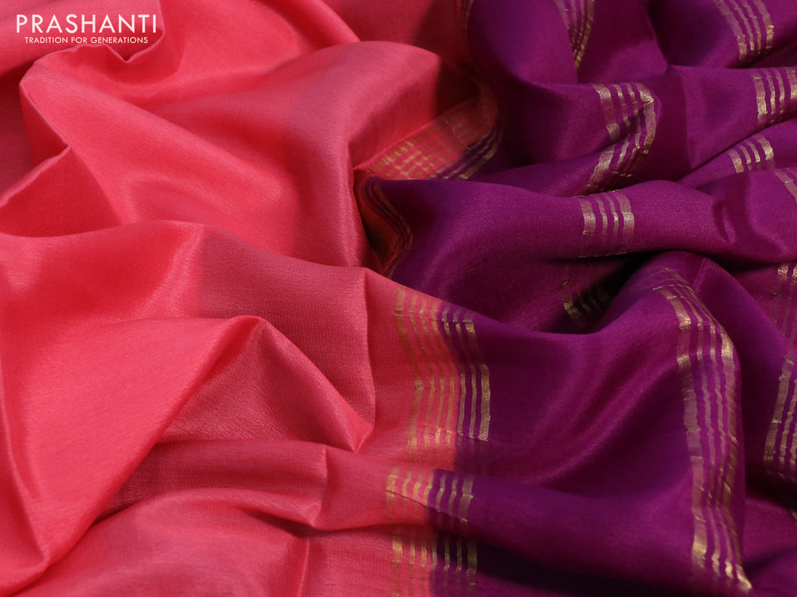 Pure mysore silk saree peach pink and purple with plain body and zari woven border