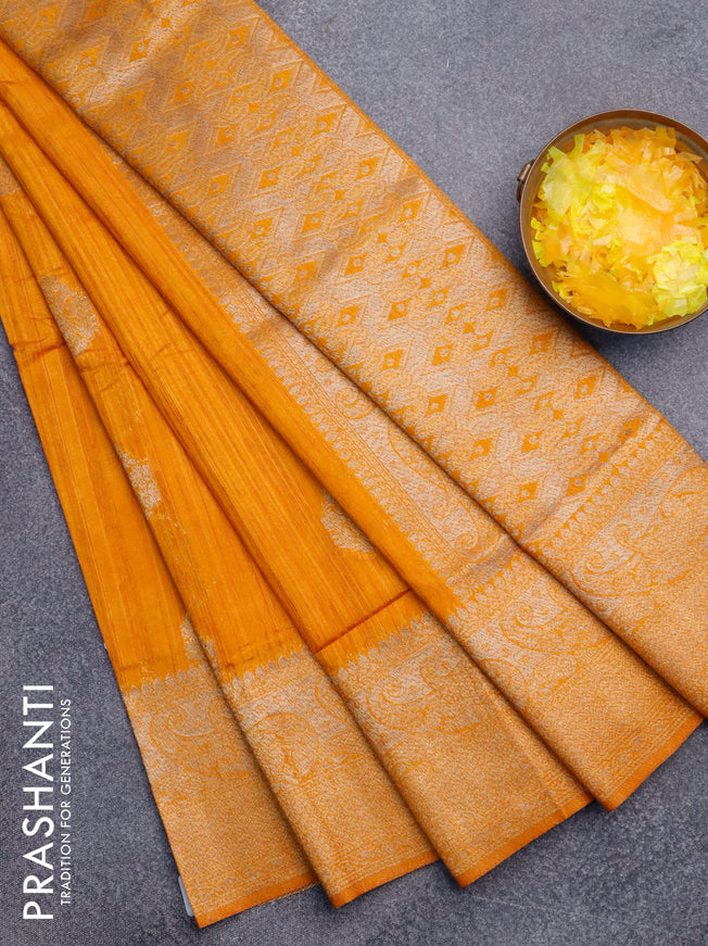 Banarasi semi matka silk saree mango yellow with zari woven buttas and zari woven border