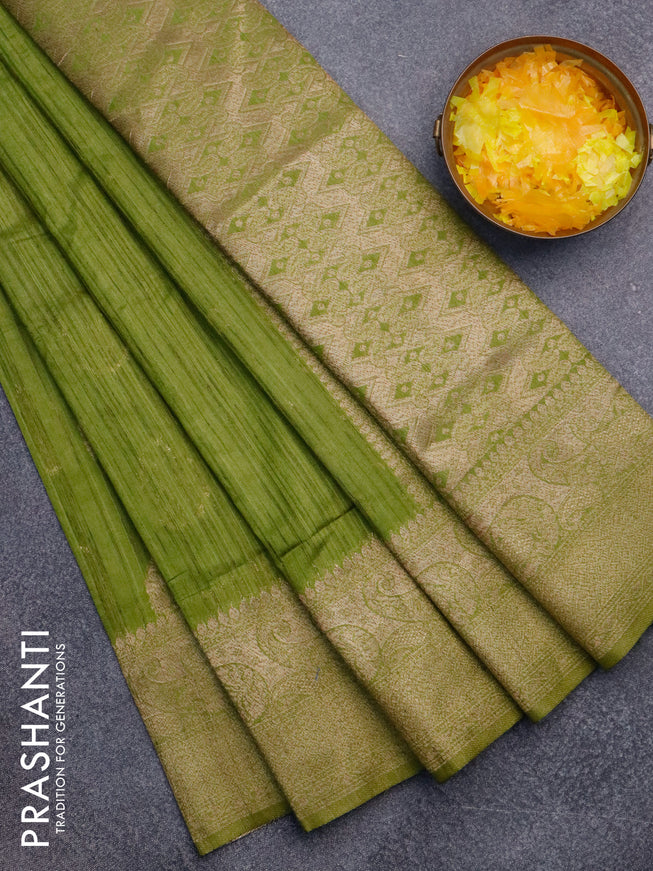 Banarasi semi matka silk saree mehendi green with zari woven buttas and zari woven border