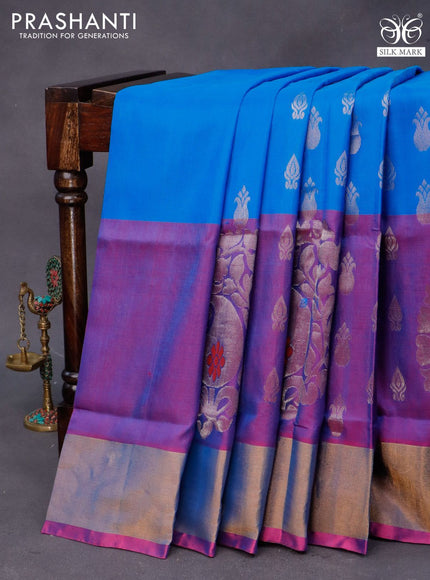 Pure uppada silk saree cs blue and magenta pink with allover silver zari woven buttas and long paisley butta border