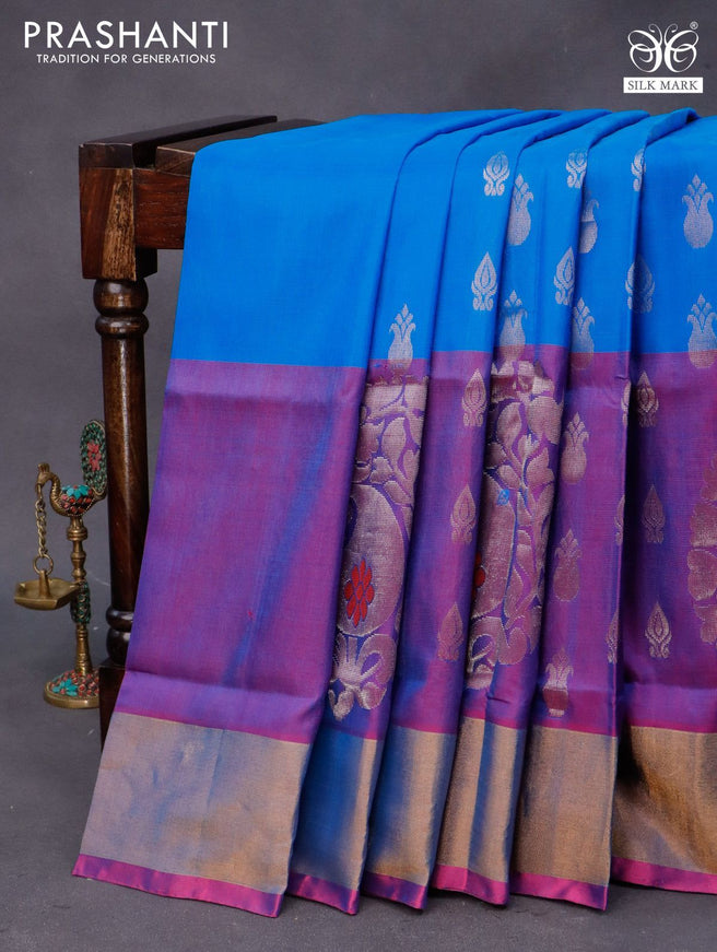 Pure uppada silk saree cs blue and magenta pink with allover silver zari woven buttas and long paisley butta border