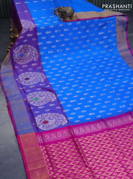 Pure uppada silk saree cs blue and magenta pink with allover silver zari woven buttas and long paisley butta border