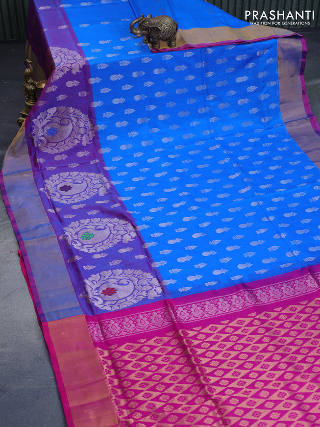 Pure uppada silk saree cs blue and magenta pink with allover silver zari woven buttas and long paisley butta border