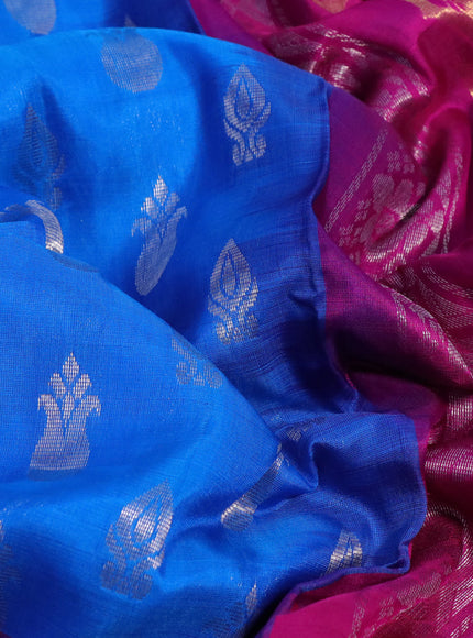 Pure uppada silk saree cs blue and magenta pink with allover silver zari woven buttas and long paisley butta border