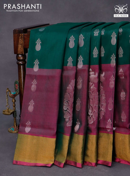 Pure uppada silk saree dark green and pink with allover silver zari woven buttas and long paisley design zari woven border