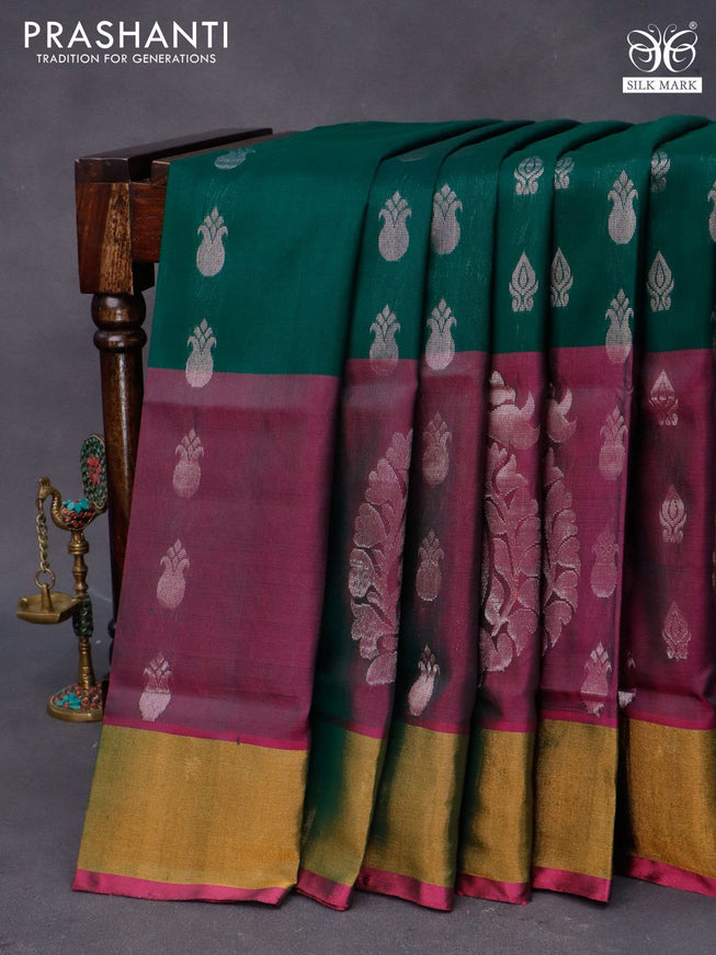 Pure uppada silk saree dark green and pink with allover silver zari woven buttas and long paisley design zari woven border