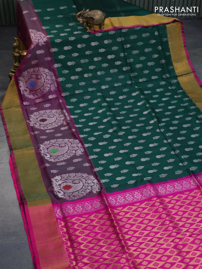 Pure uppada silk saree dark green and pink with allover silver zari woven buttas and long paisley design zari woven border