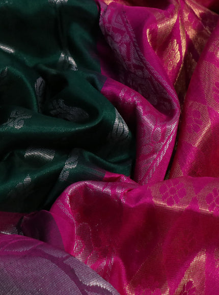 Pure uppada silk saree dark green and pink with allover silver zari woven buttas and long paisley design zari woven border