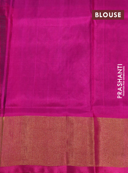 Pure uppada silk saree dark green and pink with allover silver zari woven buttas and long paisley design zari woven border